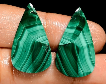 Natural Malachite Pair Cabochon Loose Green Malachite Crystal Pair 26X15X4 mm Size Green Pair Stone