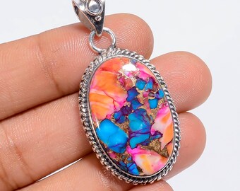 925 Sterling Silver Pendant Necklace Oval Dahlia Turquoise Crystal Necklace 1.7" Silver Necklace
