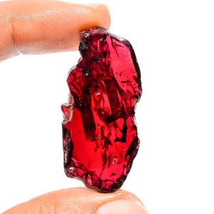 May include: A raw, uncut, deep red garnet gemstone. The translucent stone has a rough, irregular shape with visible internal structures. The gem is held between two fingers against a white background, showcasing its natural beauty.