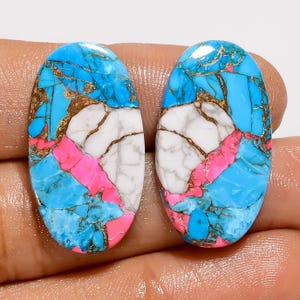 Paire de cabochons barbe à papa turquoise, turquoise, 28 x 15 x 3 mm, taille la paire, dos plat poli des deux côtés