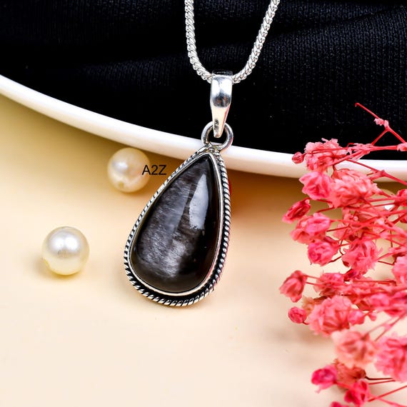 Silver Obsidian Pendant Necklace Drop Shape Necklace Silver Sheen