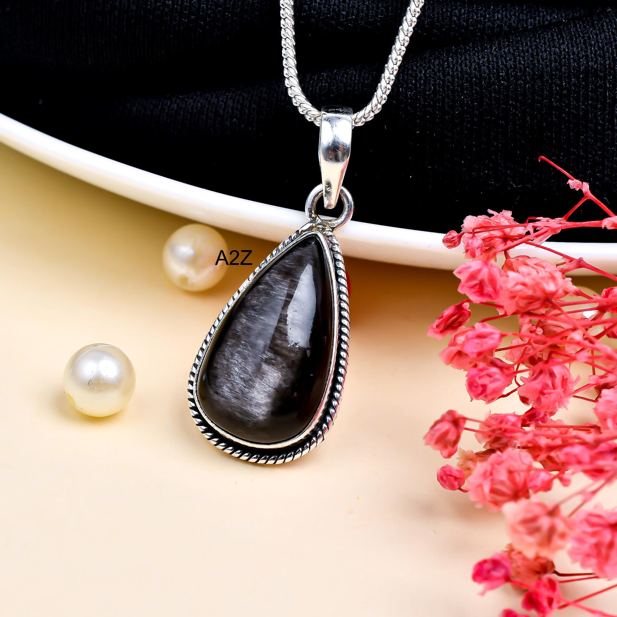 Silver Obsidian Pendant Necklace Drop Shape Necklace Silver Sheen