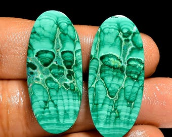 Natural Malachite Gemstone Pair Polished Flat Backs Pairs 32X14X3 mm Size Pair
