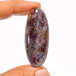 Peut inclure: Une pierre précieuse ovale polie. La pierre présente un mélange de couleurs, notamment du violet profond, du marron et des reflets dorés. Le bijou est tenu entre deux doigts, mettant en valeur sa forme allongée et ses motifs naturels.