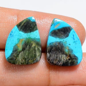 Paire de chrysocolles naturelles, pierres précieuses lisses des deux côtés, cristal de chrysocolle poli 17 x 12 x 3 mm, taille Paire de chrysocolles
