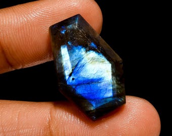 May include: A faceted, dark blue labradorite gemstone with iridescent flashes of color. The gemstone is shaped like a hexagon and has a smooth, polished surface.
