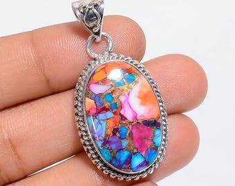 925 Sterling Silver Pendant Necklace Oval Dahlia Turquoise Crystal Necklace 1.6" Silver Necklace
