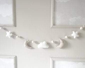 Neutral Nursery Garland: Wool Felt Cloud, Star, Moon Decor