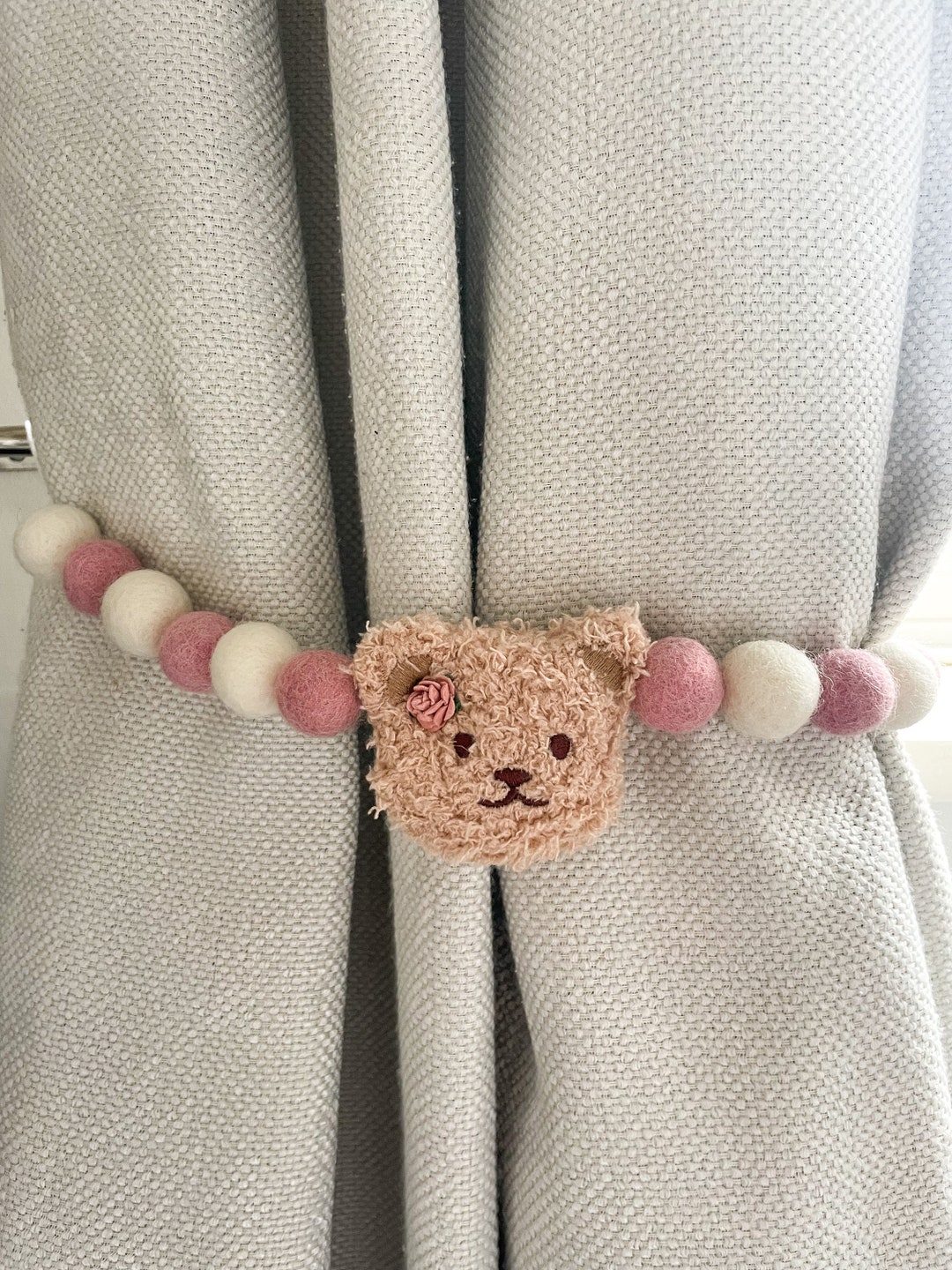 Dusky Pink Bear Felt Ball Tie Back / Dusky Pink Pom Pom Tie Back