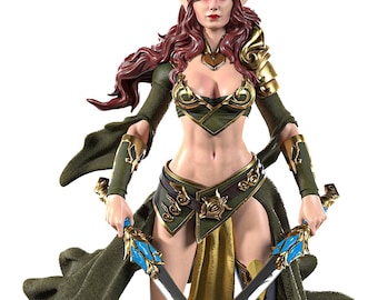 Puede incluir: Una figura de guerrera elfa femenina con el pelo largo y rojo, vestida con un atuendo verde y dorado, sosteniendo dos espadas con mangos azules. Está de pie sobre una base de piedra.