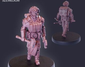 May include: A 3D printed miniature of a steampunk character with a wrench and a hammer. The character is wearing a helmet, goggles, and a backpack. The miniature is pre-supported and ready to be printed.