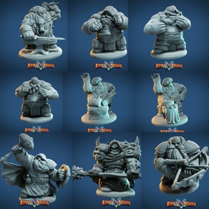 May include: Nine miniature figurines of dwarves and a demon, painted in shades of gray. The dwarves are depicted in various poses, some holding tools and weapons. The demon is wearing a horned helmet and holding a sword. The figurines are all standing on circular bases.