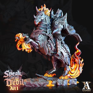 May include: A miniature figurine of a knight riding a horse, both clad in silver armor. The horse has flames erupting from its hooves and tail. The base is a rocky outcropping with the words "Speak of the Devil Act 1" printed on it. The figurine is a part of the "A Games" brand.