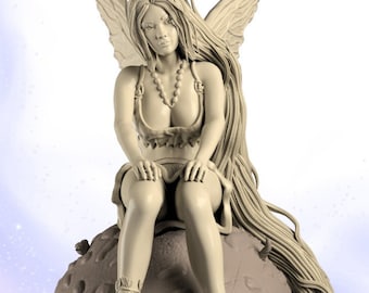 May include: A detailed figurine of a fairy with wings, long hair, and a beaded necklace, sitting on a mushroom with a large cap and a smaller mushroom at the base.