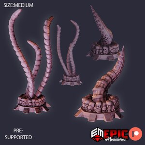May include: Three 3D printed, pre-supported, skeletal, tentacle-like structures with a base of skulls. The tentacles are a light pink color. The bases are a darker pink color. The tentacles are arranged in a variety of positions. The bases are all the same size and shape. The image is labeled "SIZE:MEDIUM" and "PRE-SUPPORTED".