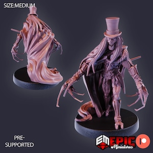 May include: A 3D printed miniature of a skeletal figure wearing a top hat and a long flowing cape. The figure has long, sharp claws and a skeletal face. The miniature is pre-supported and is ready to be printed.