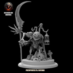 May include: A 3D printed miniature of a pumpkin-headed creature holding a scythe and a lantern. The creature is standing on a base with a graveyard theme. The miniature is pre-supported for 3D printing.