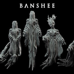 May include: Five gray, sculpted figures of banshees, each with flowing robes and long hair. The figures are posed in different positions, with some holding objects in their hands. The word "BANSHEE" is written in white letters at the top of the image.