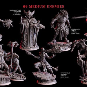May include: A set of nine miniature figures, each representing a different fantasy creature or character. The figures are painted in shades of gray and black, with some details in red. The figures are all standing on circular bases, and they are arranged in a grid pattern. The text "09 MEDIUM ENEMIES" is printed at the top of the image.