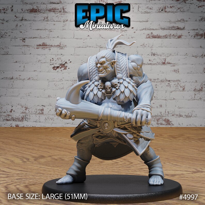 May include: A gray plastic miniature of an Orc warrior holding a large axe. The Orc is wearing a loincloth and a necklace of skulls. The miniature is on a black base. BASE SIZE: LARGE (51MM) #4997