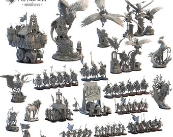 May include: A set of grey plastic miniature figures depicting a fantasy army, including a siege tower, a catapult, a griffin, and a variety of soldiers on horseback. The figures are from the Lost Kingdom miniatures line.