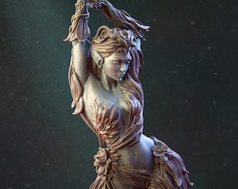 May include: A detailed sculpture of a woman with pointed ears, adorned with leaf-like clothing and long flowing hair. The figure is holding an object above her head, with intricate details and a serene expression.