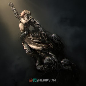 May include: Digital artwork of a figure in detailed armour, reaching upwards towards a light source. The figure seems to be rising from a dark, shadowy mass. The image has a dramatic, fantasy theme.