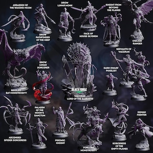 Può includere: Una collezione di miniature fantasy, tra cui un assassino, un cavaliere, una strega e altri personaggi. Le miniature sono in varie pose e presentano dettagli intricati. Il testo "Black Forge" e i nomi dei personaggi sono visibili.