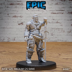 May include: Gray plastic miniature figurine of a fantasy character with pointed ears, wearing armor and holding a sword. The miniature is standing on a black base with the text "BASE SIZE: MEDIUM (25.5MM)" and "#4987".