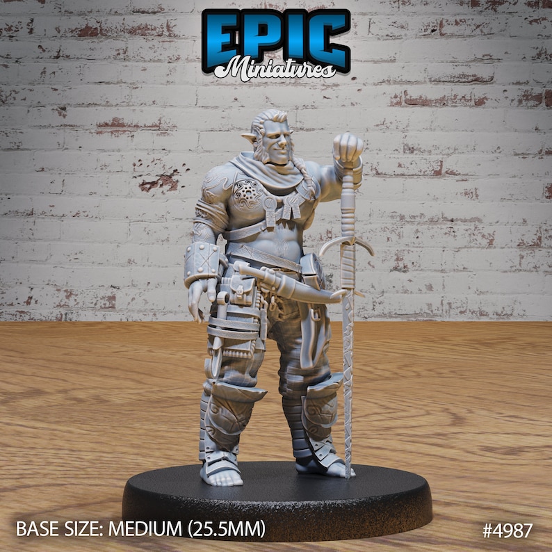 May include: Gray plastic miniature figurine of a fantasy character with pointed ears, wearing armor and holding a sword. The miniature is standing on a black base with the text "BASE SIZE: MEDIUM (25.5MM)" and "#4987".