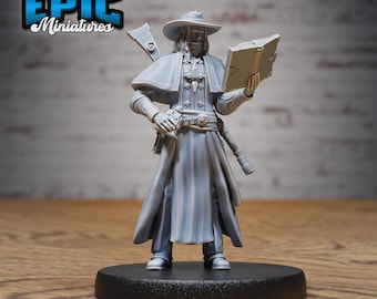 May include: A gray miniature figure of a character in a long coat and hat, holding a book. The figure has a belt, a weapon, and a shoulder-mounted item. The base size is medium (25.5mm). The Epic Miniatures logo is in the upper left corner.