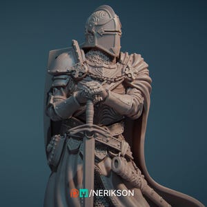 May include: A detailed sculpture of a medieval knight in full armor, holding a sword. The knight is wearing a helmet, chainmail, and a cape. The sculpture is a neutral color, with intricate details on the armor and sword.