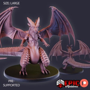 May include: A 3D printed miniature of a pink dragon with large wings, standing on a round base. The dragon has a long tail and a spiky back. The miniature is pre-supported and ready to be printed.