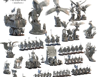 May include: A set of grey plastic miniature figures depicting a fantasy army, including a siege tower, a catapult, a griffin, and a variety of soldiers on horseback. The figures are from the Lost Kingdom miniatures line.