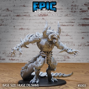 May include: A gray, detailed, 3D printed miniature of a monstrous creature with horns, claws, and a tail. The miniature is posed in a dynamic stance with one arm raised and the other extended. The base size is HUGE (76.5mm). #5003