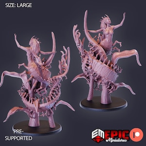 May include: A 3D printed miniature of a mermaid figure with a long tail and flowing hair, emerging from a plant-like structure with tendrils and thorns. The figure is painted in a light pink color and is pre-supported for 3D printing.