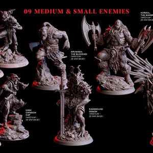 May include: A set of nine fantasy miniature figures, including a goblin, a demon, a warrior, and a winged creature. The figures are painted in shades of gray and are standing on round bases. The figures are labeled with their names and sizes. The text "09 MEDIUM & SMALL ENEMIES" is displayed at the top of the image.