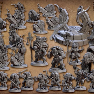 May include: A collection of grey, unpainted miniature figurines of turtle-like creatures, some riding snails, others holding weapons. The miniatures are part of a fantasy game set called "Jadeshell Turtlekin".