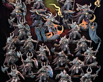 May include: A set of 20 miniature figures, painted in shades of blue, green, and gold, with intricate details. The figures are posed in various fighting stances, holding swords, axes, and shields. The figures are part of a fantasy wargaming set, called "Transfiguration Forces Vol. 1".