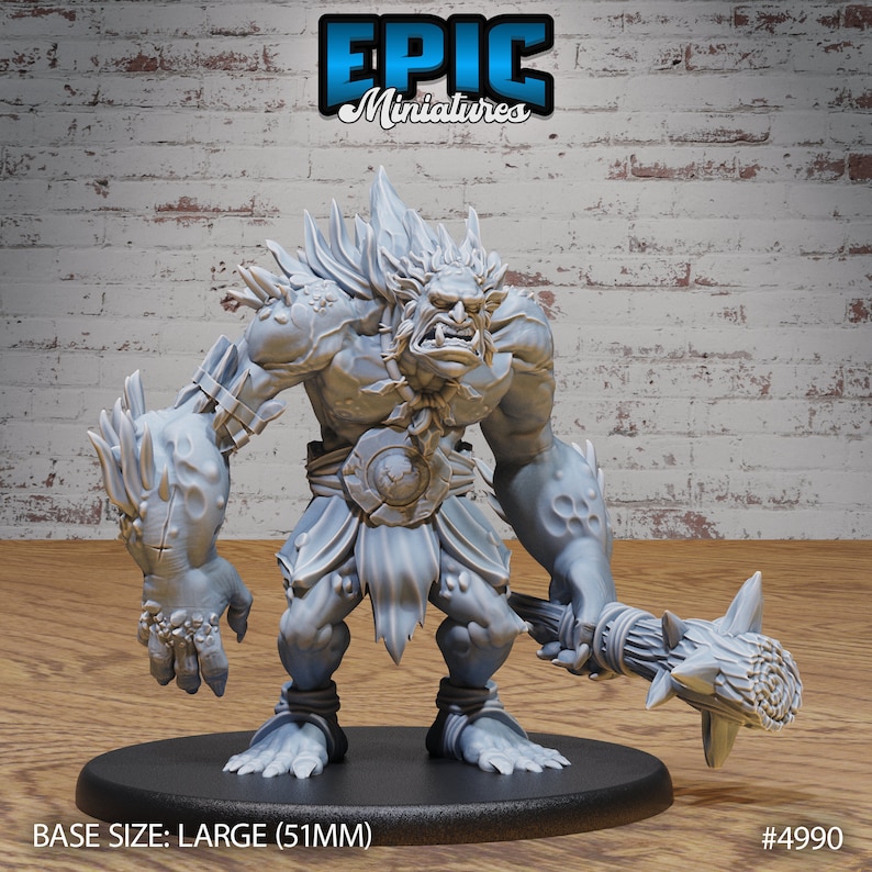May include: Gray plastic miniature of a large, spiky, humanoid creature with a club. The creature has a large, toothy mouth and is wearing a loincloth. The miniature is on a black base. BASE SIZE: LARGE (51MM) #4990