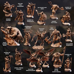Op de afbeelding: Een verzameling gedetailleerde miniatuurfiguren, elk met een fantasiekarakter. De figuren staan in verschillende poses, met wapens en bepantsering. Tekst op de afbeelding identificeert elke figuur, waaronder "Nordic Hunter" en "Valkyrie Shieldmaidens."