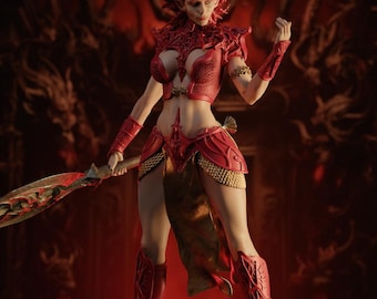 May include: A red fantasy figurine of a female demon with horns, holding a sword. The figure wears a red outfit with gold accents and stands on a decorative base. The background is a dark red with a fiery design.