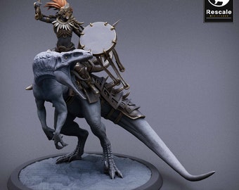 May include: A gray, armored dinosaur with a rider wearing a feathered headdress and holding a drum. The rider is wearing a dark gray outfit with gold accents. The dinosaur is standing on a gray base with the text "MIST OF THE JUNGLE".