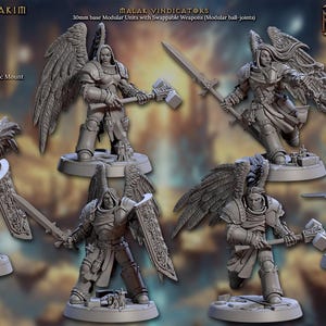 May include: Six grey plastic miniature figures of winged warriors with swords and hammers. The figures are posed in various fighting stances. The figures are 30mm tall and have modular ball joints. The figures are part of a set called "Malak Vindicators".