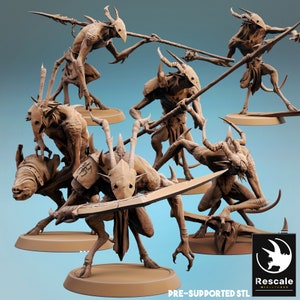 May include: Five detailed, 3D printed miniature figures of demonic creatures with horns and sharp teeth. The figures are posed in various fighting stances, holding weapons such as spears and swords. The miniatures are printed in a light brown color and are ready to be painted.