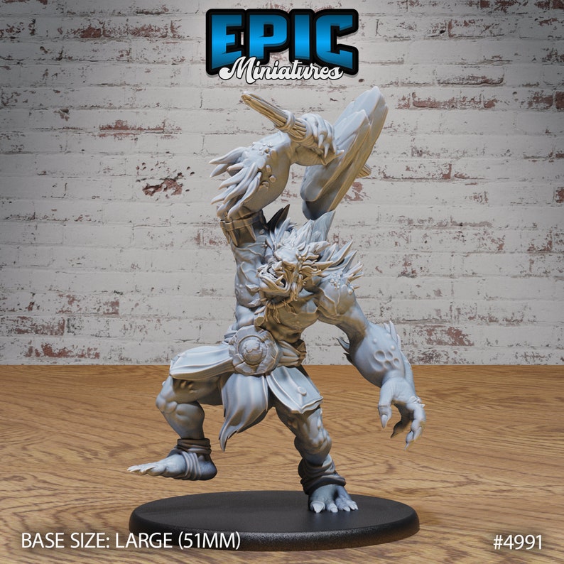 May include: A gray, unpainted miniature figurine of a large, furry creature wielding a large, flat weapon. The creature is standing on a round base. The base is labeled "BASE SIZE: LARGE (51MM)" and "#4991".