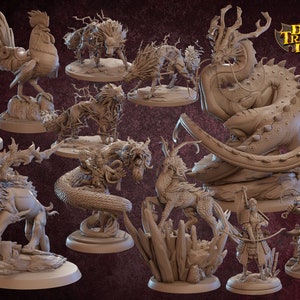 May include: A collection of 10 unpainted miniature figurines, including a rooster, a dragon, a lion, a deer, and several human figures. The miniatures are made of a light gray plastic and are designed for tabletop gaming.