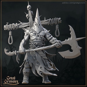 May include: A gray 3D printed miniature of a hooded figure holding a large axe. The figure is wearing a pointed hood with a stitched-on face and a tattered robe. The figure is standing on a base with a cross and hanging nooses.