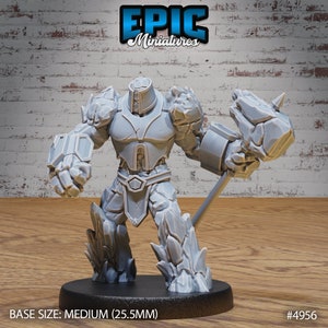 May include: Gray, detailed miniature of a stone golem with a large hammer. The golem is wearing armor and has a rocky texture. The miniature is on a black base. BASE SIZE: MEDIUM (25.5MM) #4956