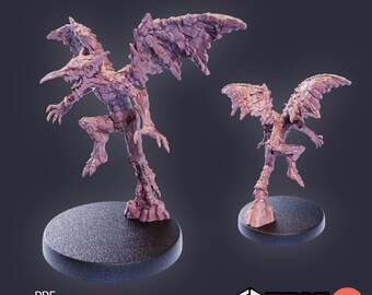 May include: A 3D printed miniature of a gargoyle with wings, standing on a round base. The gargoyle is a light pink color and has a detailed, rocky texture. The miniature is pre-supported and ready to be printed.